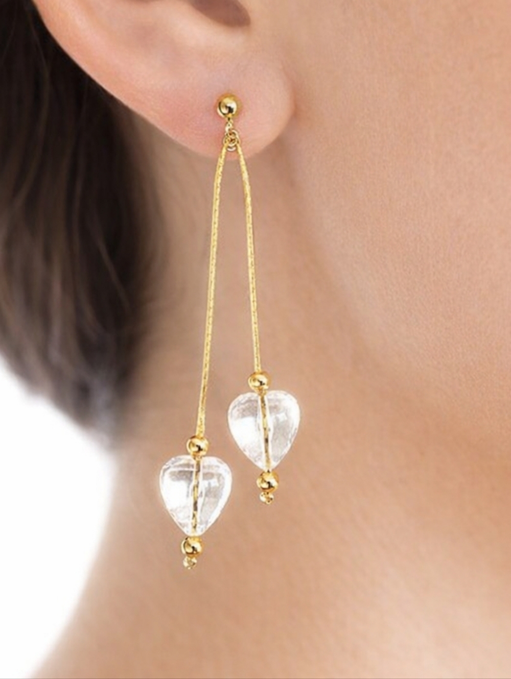 Clear Acrylic Beads Drop Earrings w/ Gold-tone Fringe Chain Dangle Chic Jewelry